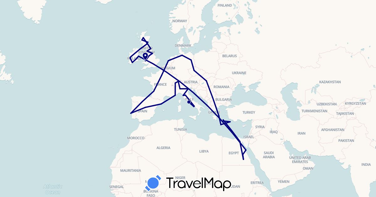 TravelMap itinerary: driving in Switzerland, Czech Republic, Germany, Egypt, Spain, France, United Kingdom, Greece, Hungary, Ireland, Italy, Monaco, Netherlands, Portugal (Africa, Europe)